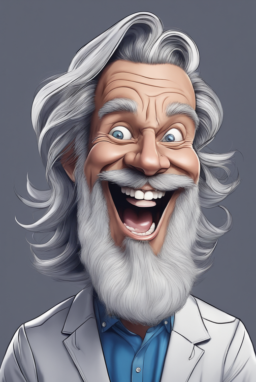 Caricature of a man laughing loudly gradient color background long flowing gray and black hair l 483251829