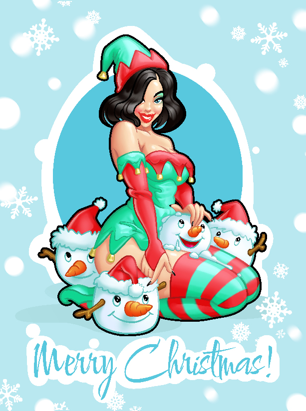 Merry christmas pinup girl with snowmans 