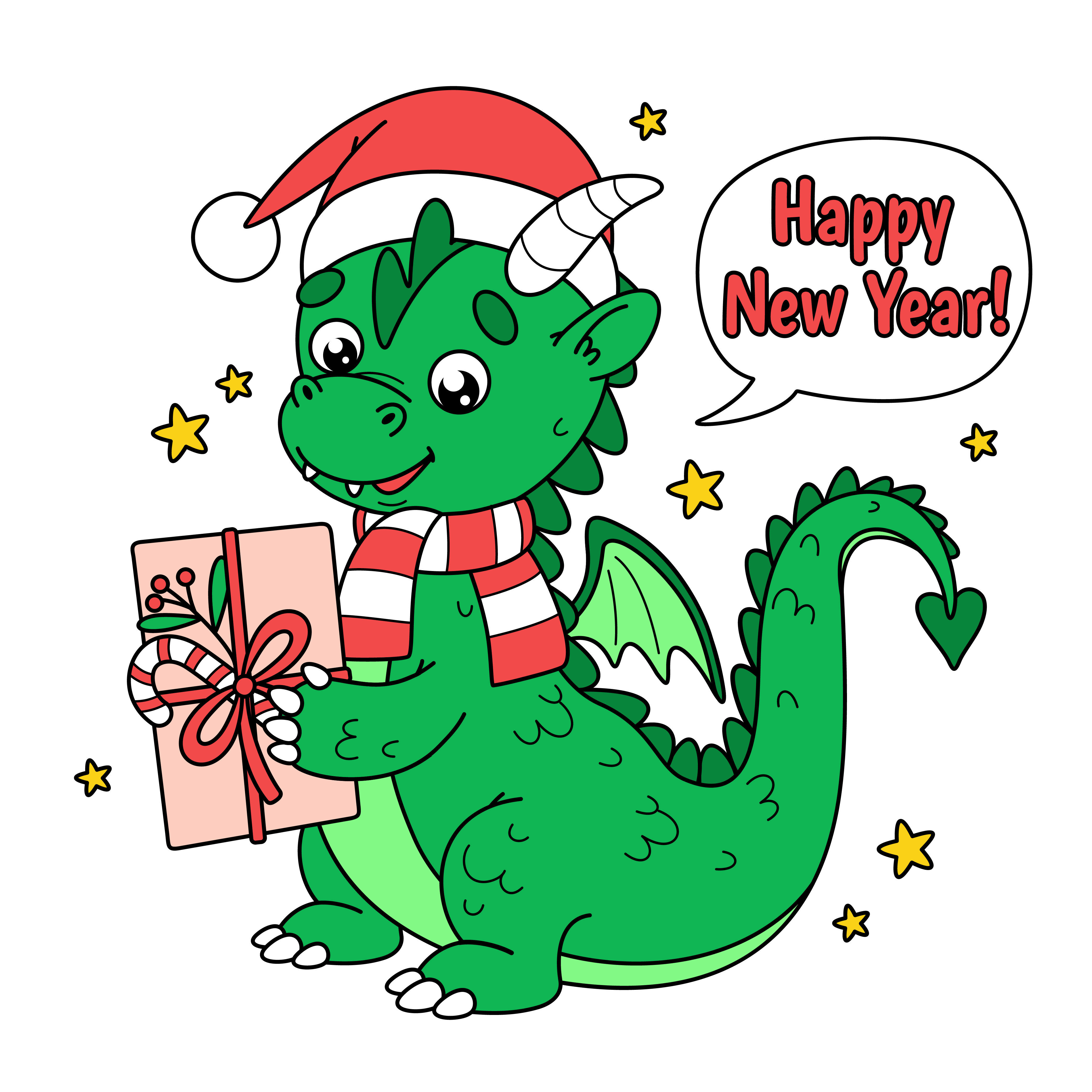 Postcard with dragon in christmas red santa claus hat with a gift in paws
