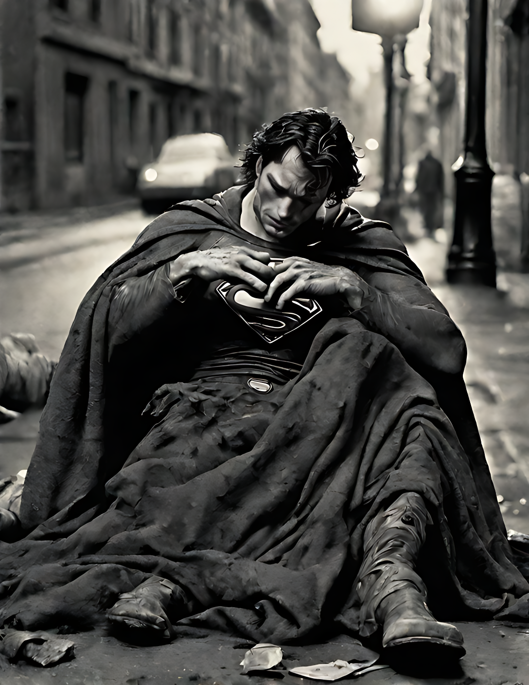 Superman as a beggar sleeping lying on the sidewalk superman dirty and disheveled superman with  334861548