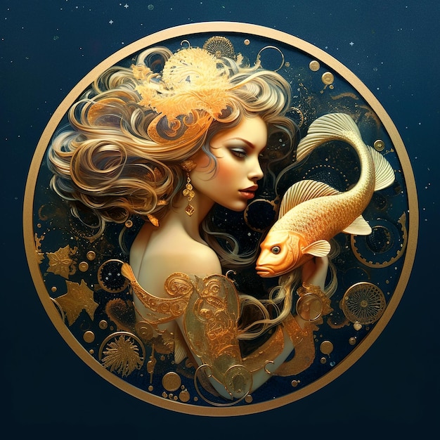 Zodiac sign of pisces young woman and gold fish on dark background 788189 9923