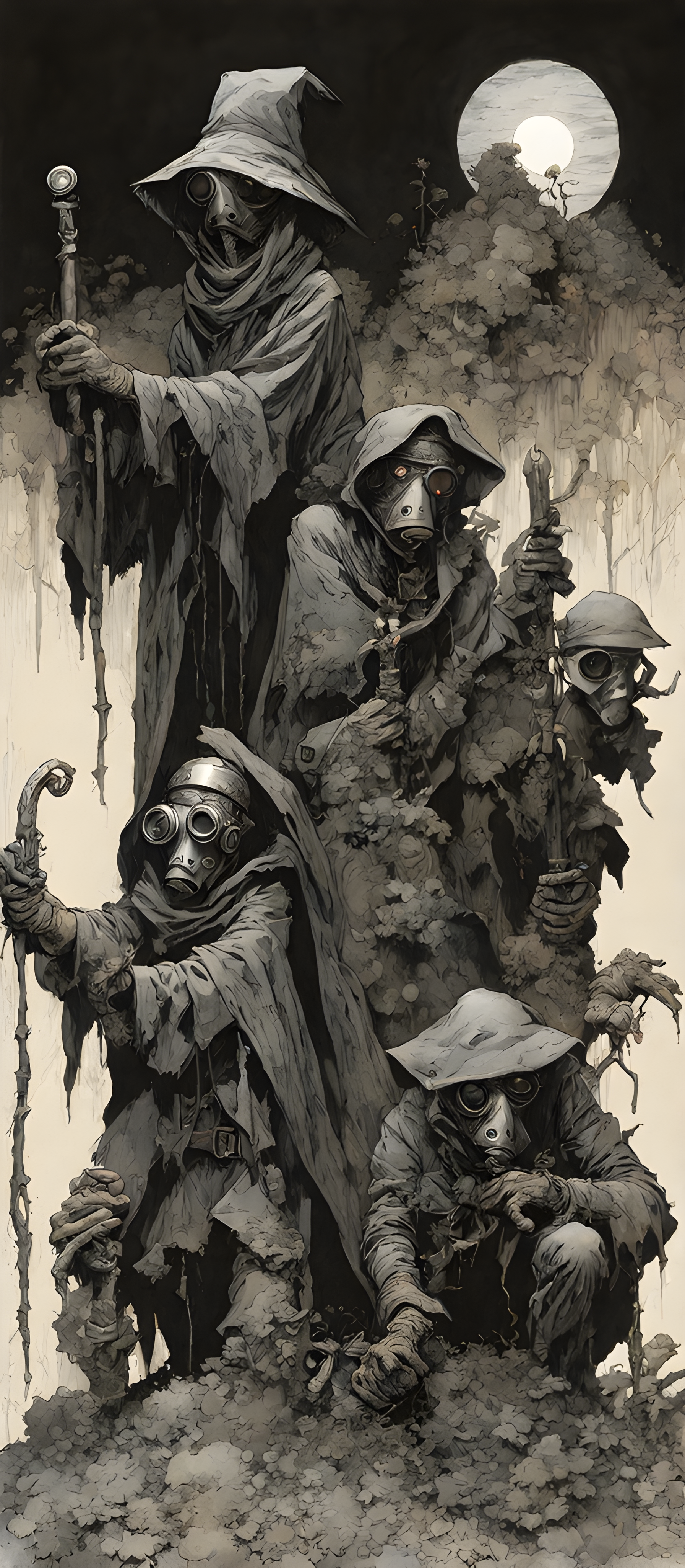 Grave robbers  ww1 gas masks  plague doctors  gothic by bernie wrightson  brian froud  kelley jones  mike mignola  p. craig russell  dave mckean  richard corben perfect eyes  perfect handsface  highly detailed  dynamic pose  dark  broken glas