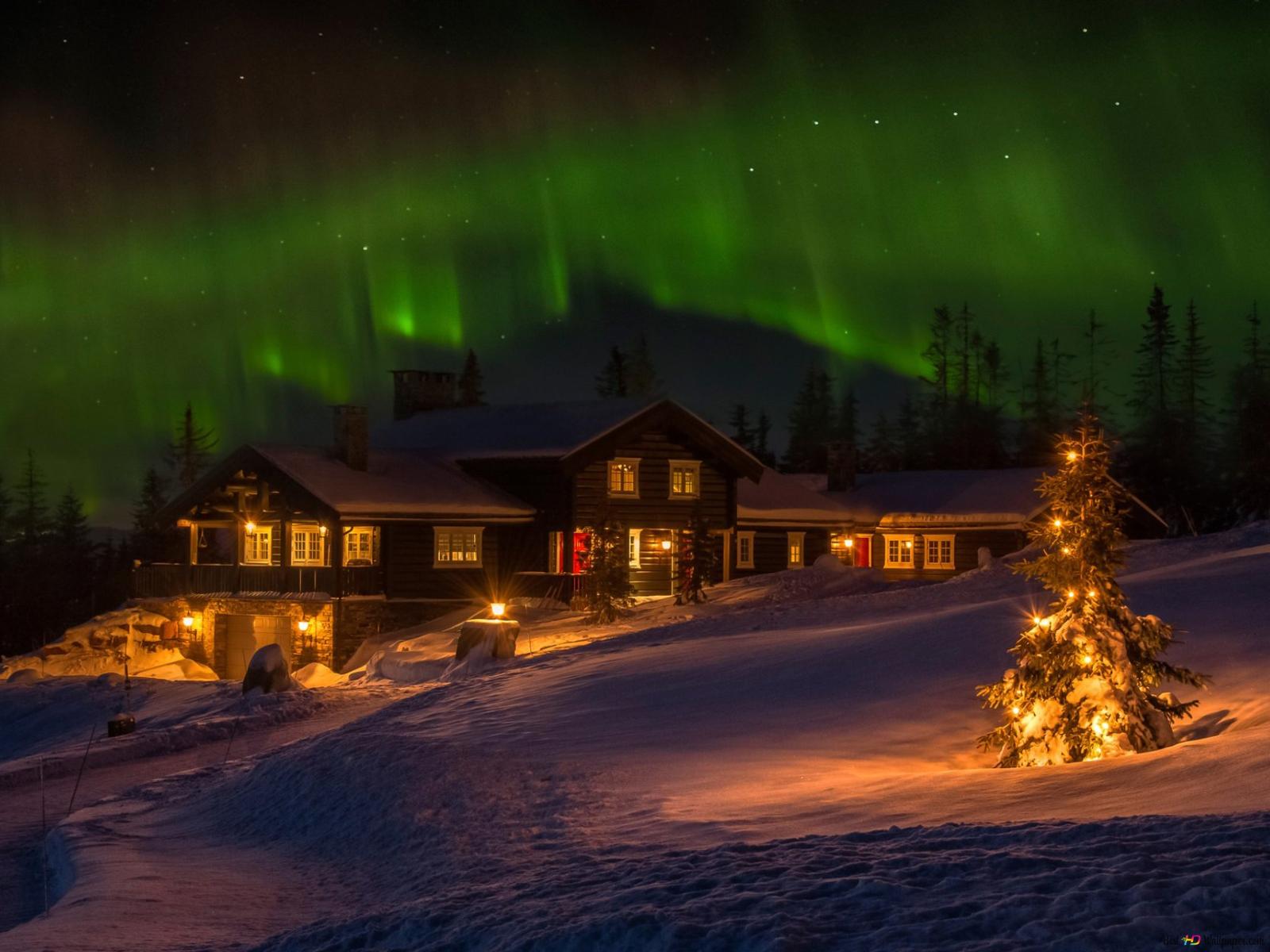 Winter house under the aurora borealis wallpaper 1600x1200 23