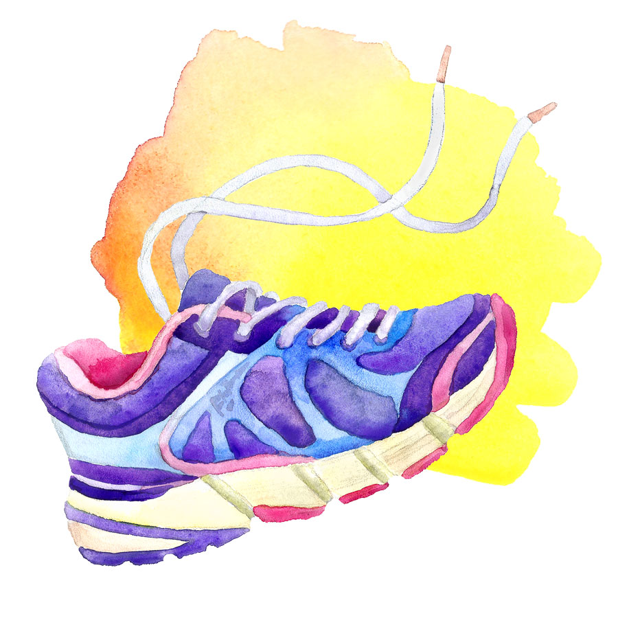 Sneakers with laces blue violet painted watercolor