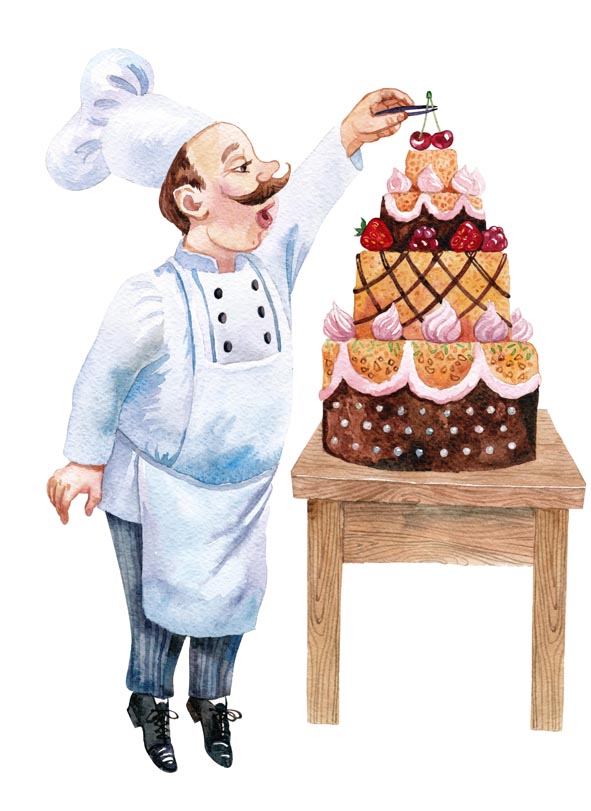 A chef decorates a cake
