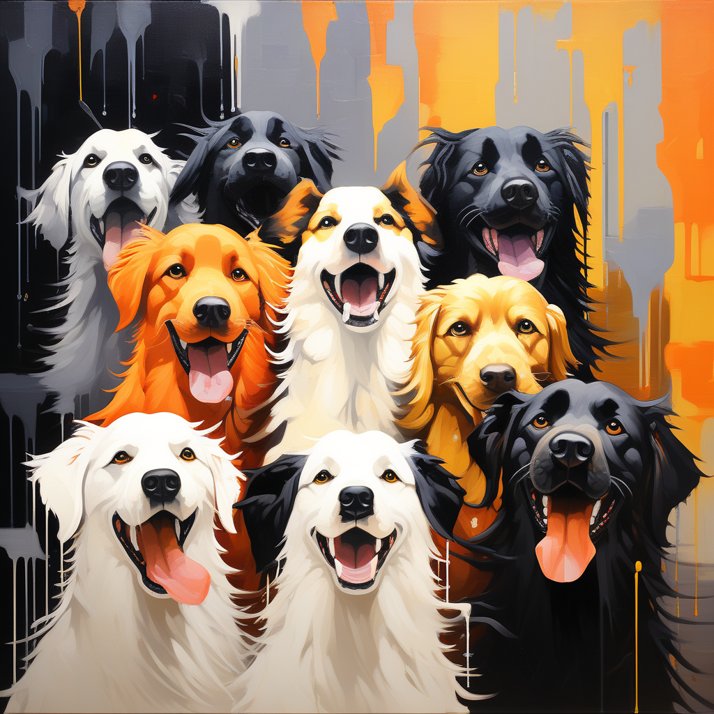 The painting in the shape of a group of dogs being funny silly in the style of anthropomorphic zoomo 230139425