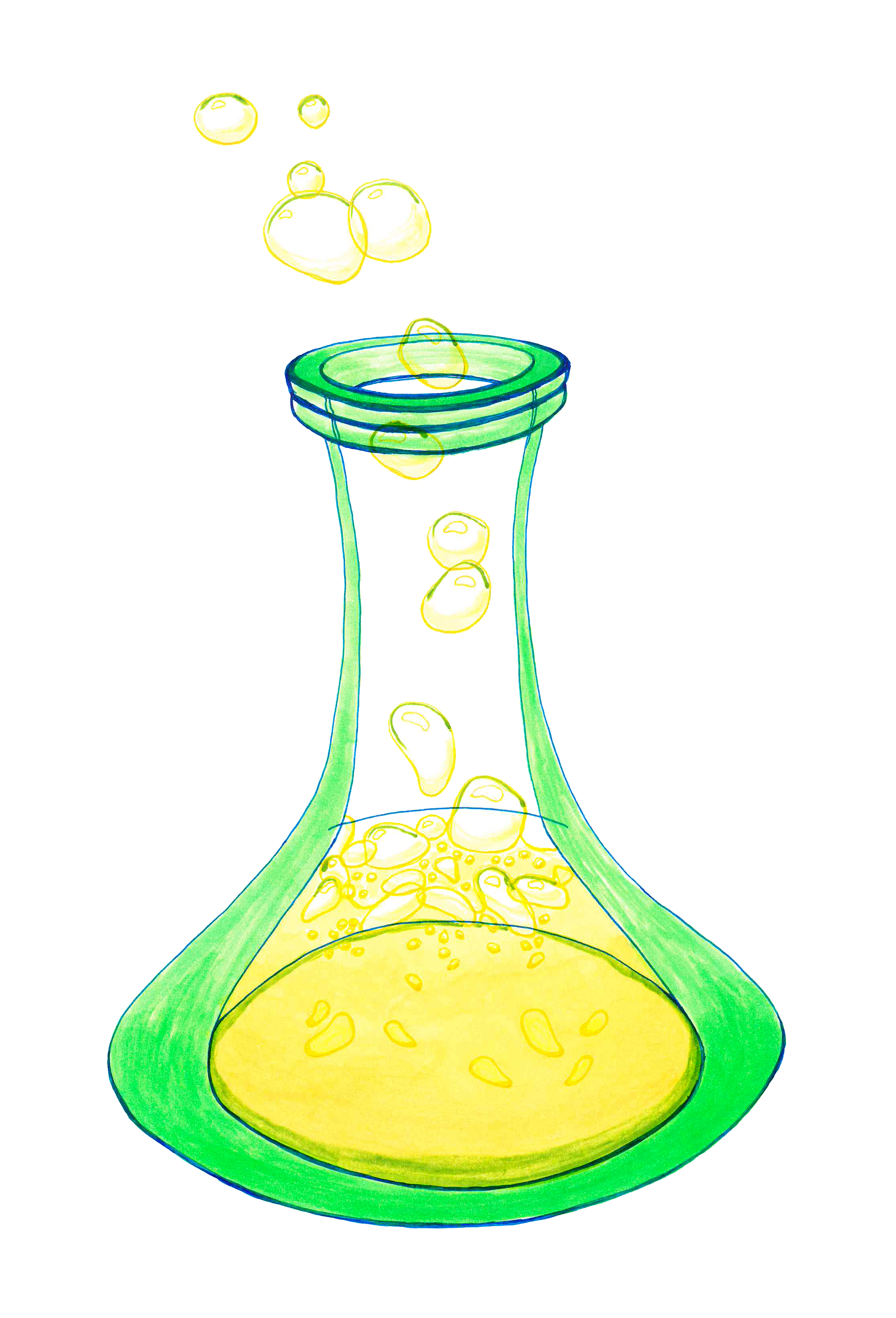 Golden liquid with flying bubbles bubbling in a bright green flask