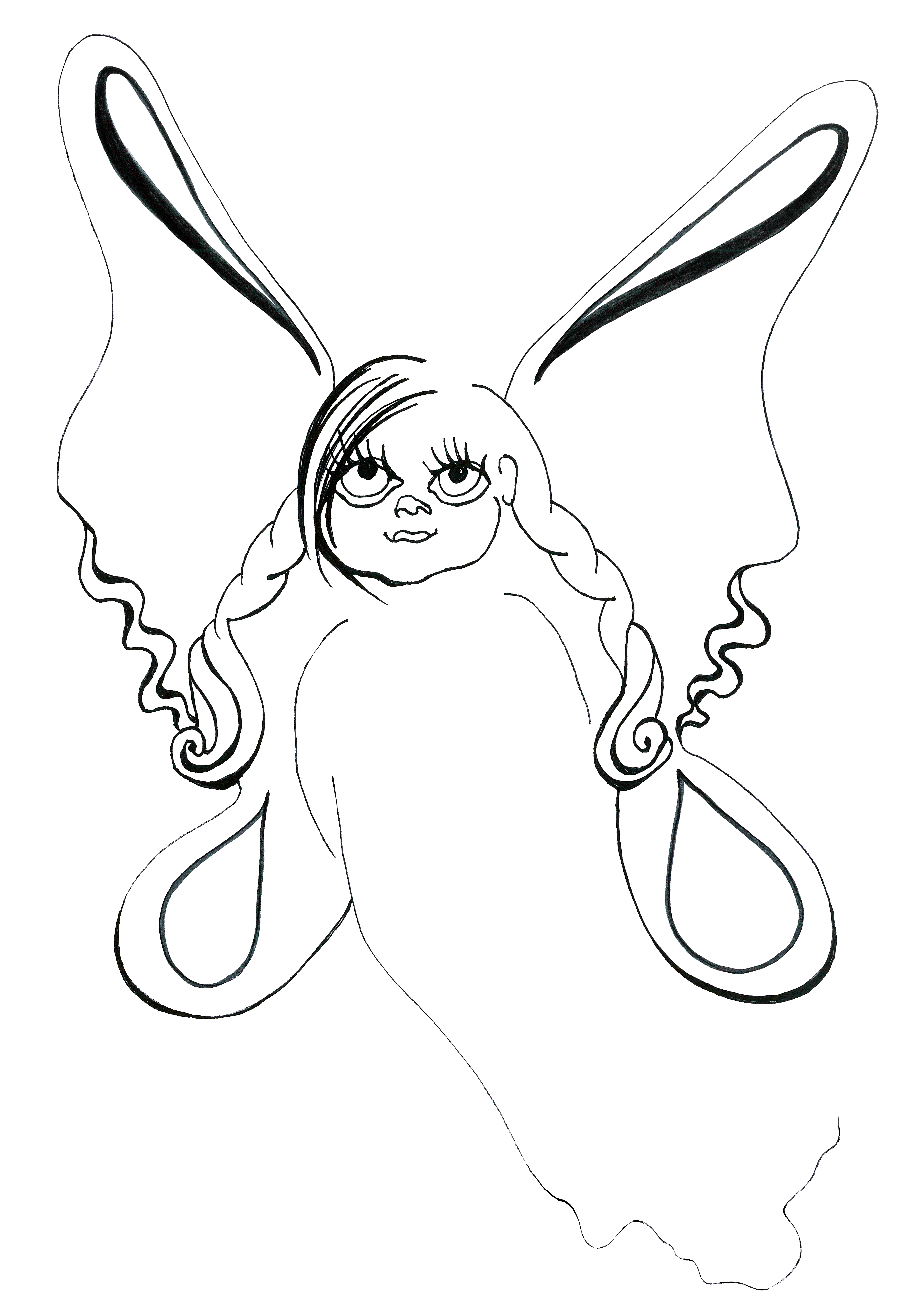 Black and white portrait of a cute flying girl with big eyes  angel wings and long curly pigtails