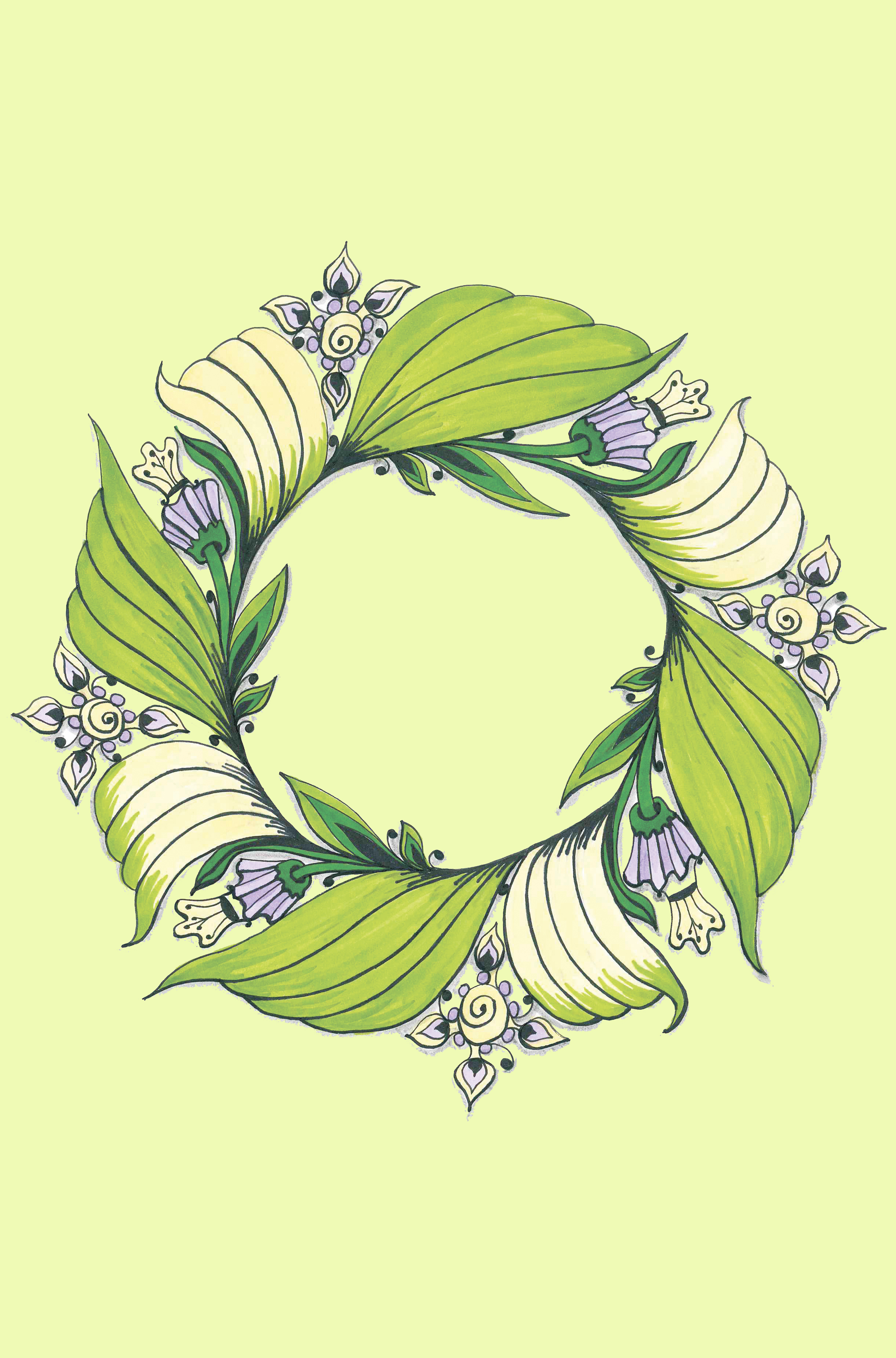 Festive spring wreath of fresh green leaves and lilac flowers on the green background