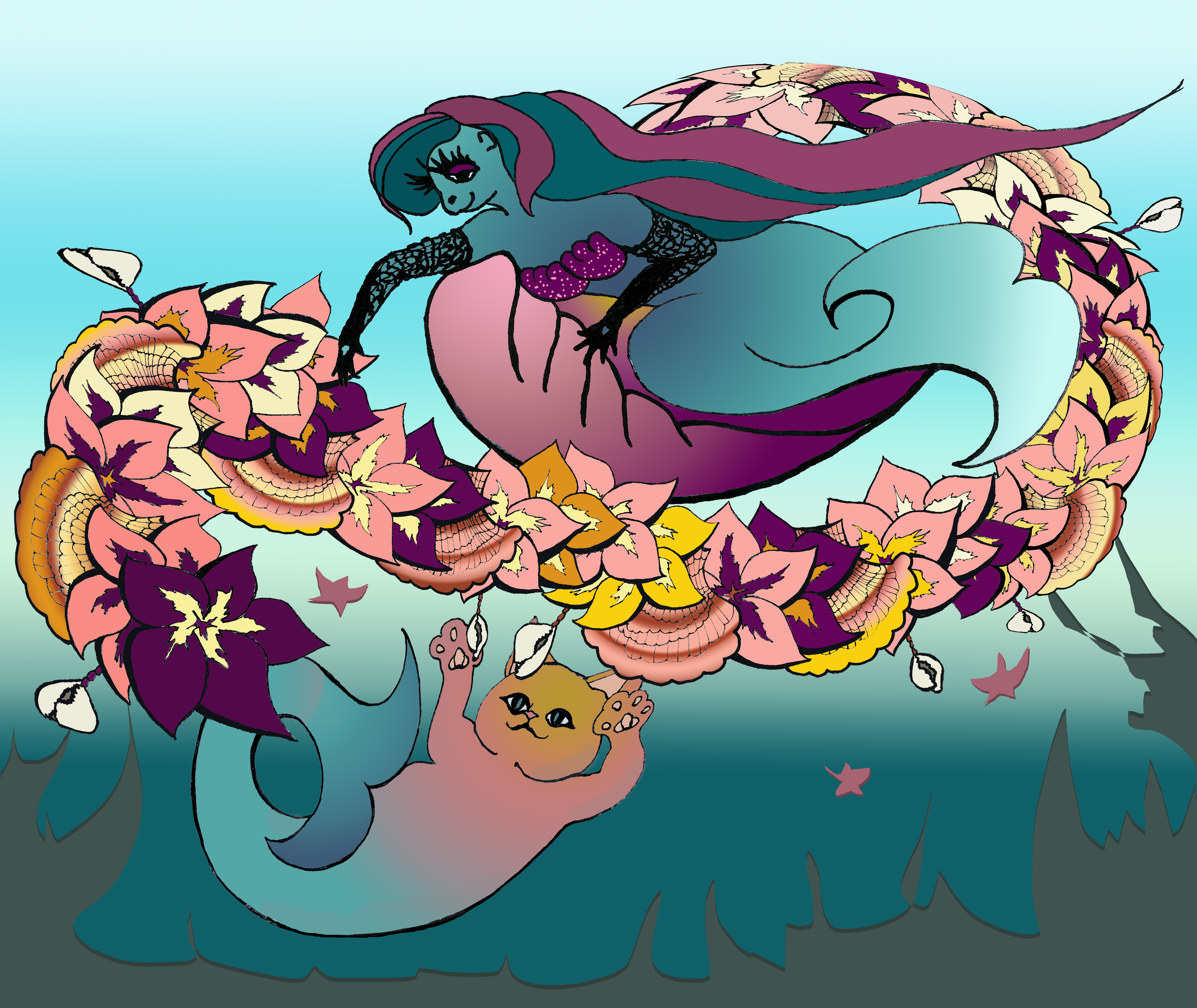 Plump kitten with a fish tail and a mermaid resting in a large shell play with a hawaiian flower necklace