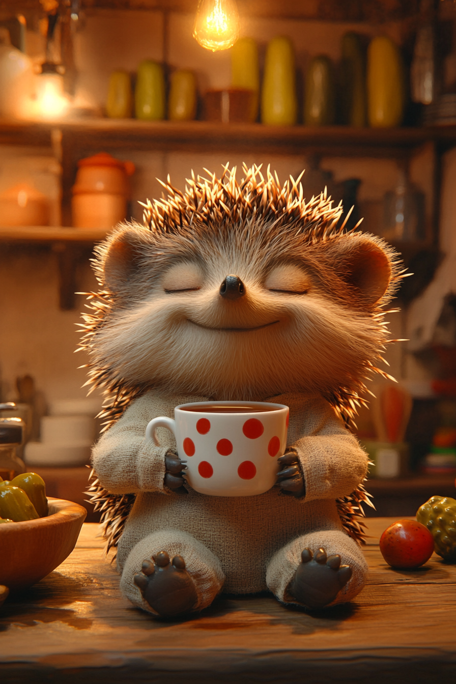 Aichkarant cozy cute hedgehog sits at a wooden table and drinks 6930f439 8001 4624 896d 64b47e3c060a