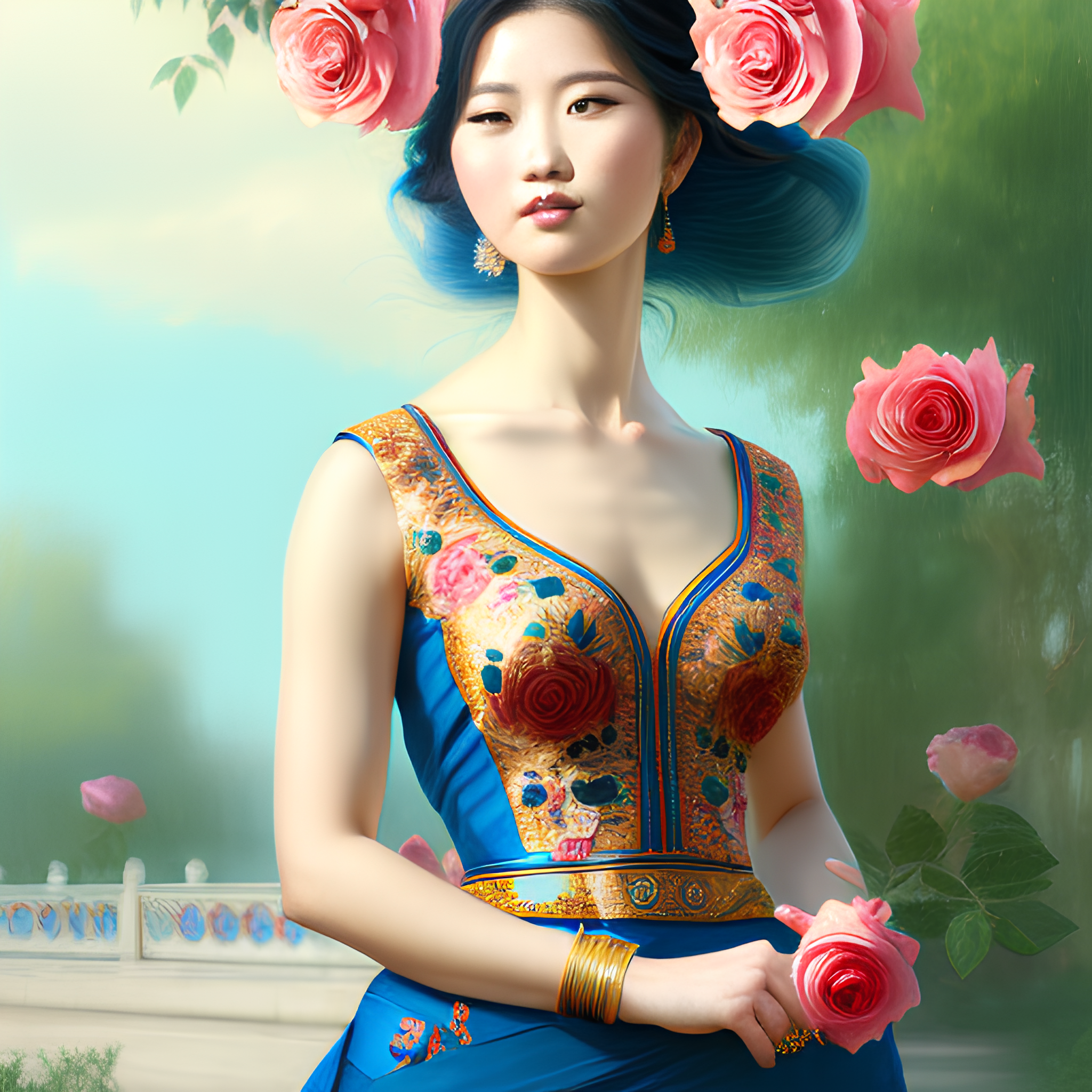 Portrait rad haired woman oriental dress in palace park blue sky roses trending on artstation  478457352