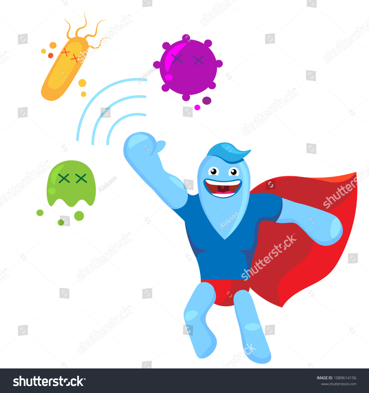 Stock vector pill antibiotic super hero cartoon character wins microbes concept illustration of viruses 1089614156