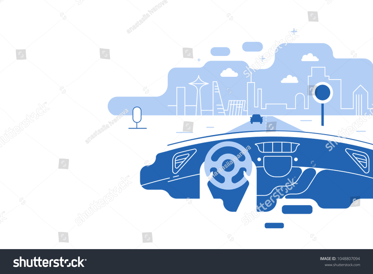 Stock vector dashboard car and driver hands driving a car on the highway drive safely warning billboard flat 1048807094