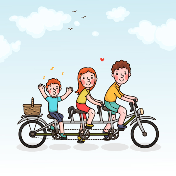 Family picnic parents and son  tandem bicycle