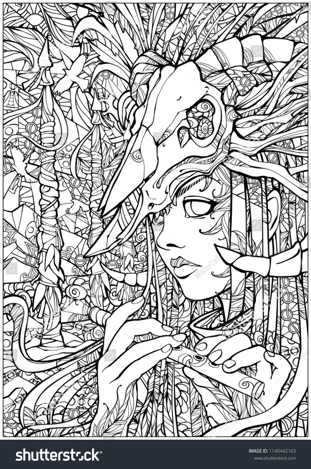 Stock photo coloring pages for adults girl shaman with a flute with a skull on the head 1140442163