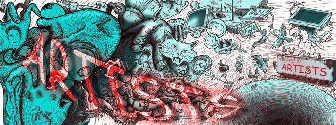 Main doodles color acid bw text