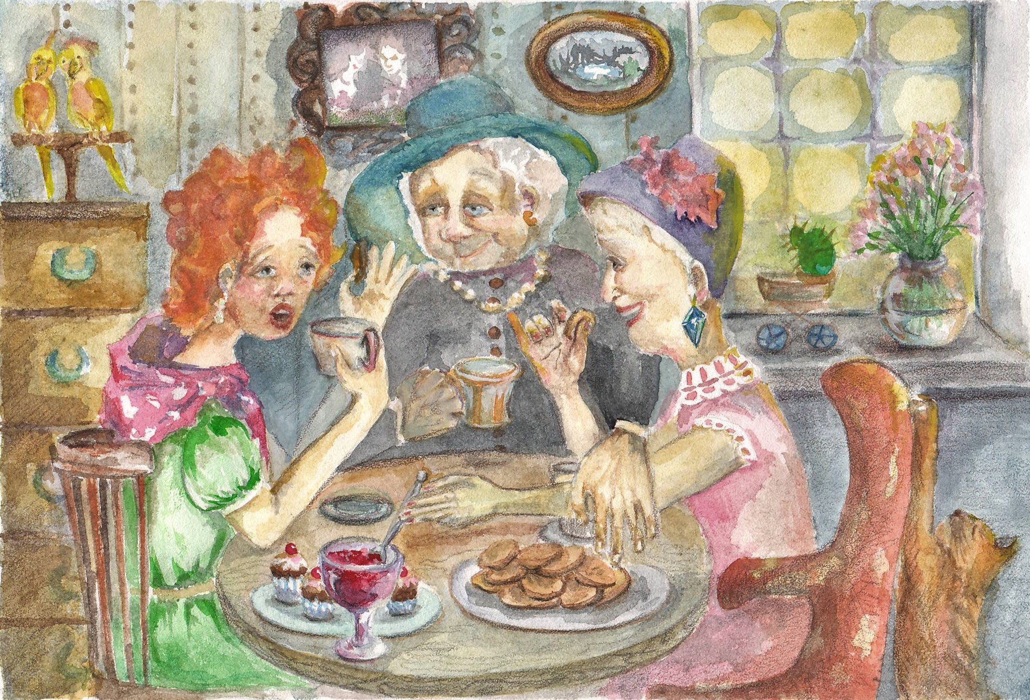 Соседка пришла на чай. Чаепитие у бабушки. Чаепитие рисунок. Старушки подружки. Чаепитие в живописи.