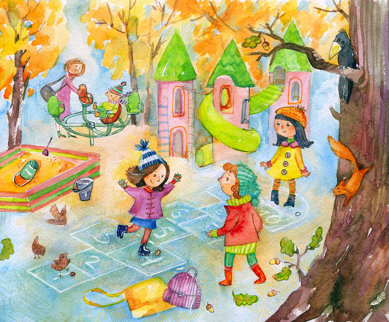 Весенние развлечения. Осенние забавы для детей. Тематические рисунки детей. Дети гуляют на улице. Двор рисунок.