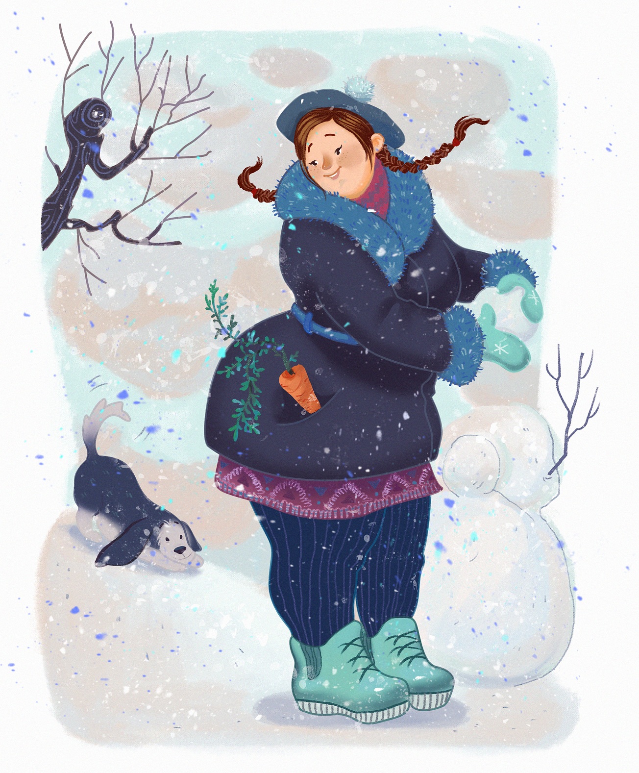 Самой толстой снежной шубой накрывал. Зимние иллюстрации. Веселые зимние девушки в иллюстрации. Зимние женщины в иллюстрациях. Толстая женщина зимой.