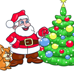 Санта-Клаус наряжает елку.