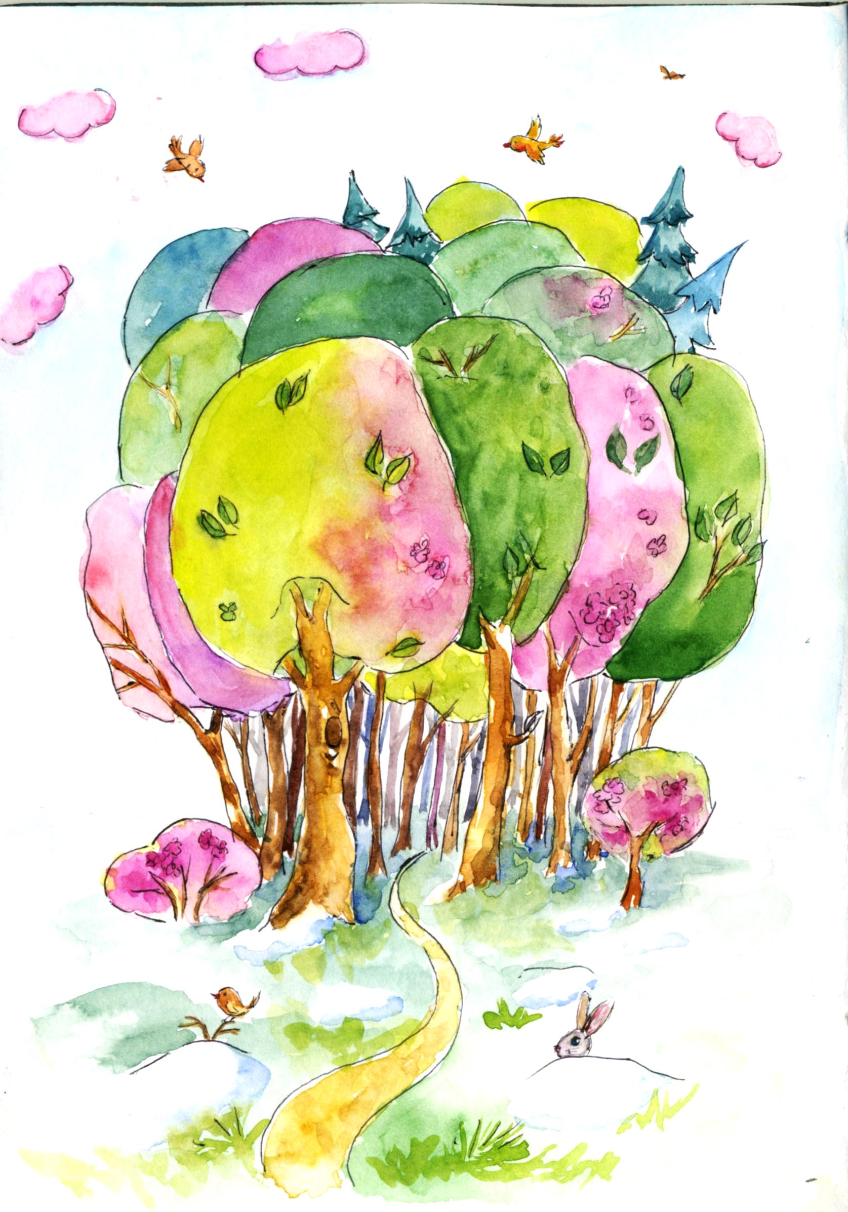 Иллюстрация Весенний лес в стиле детский, живопись |