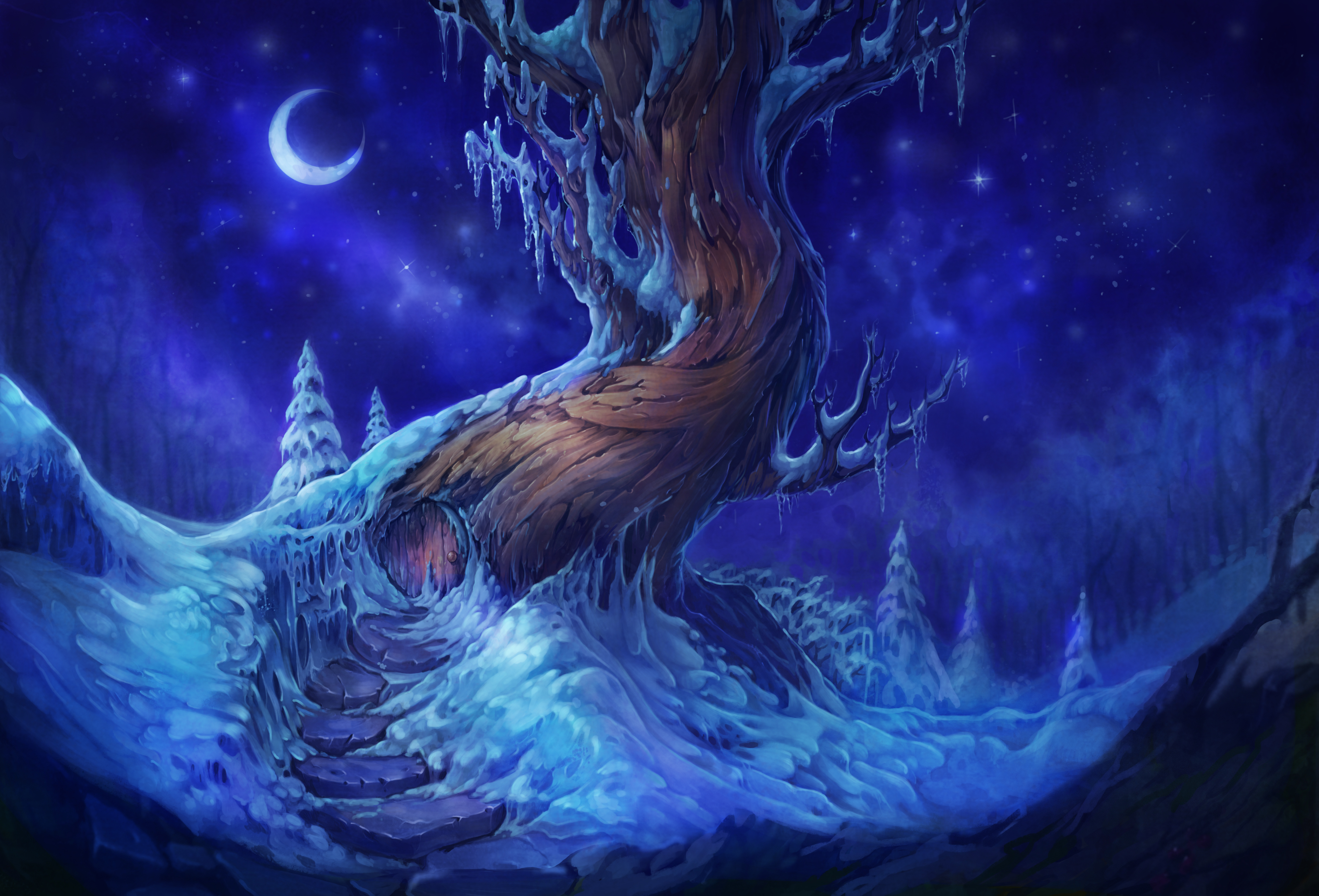 Зимняя ночная иллюстрация фэнтези