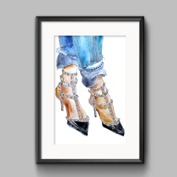 Couture leather woman shoes watercolor fashion sketch