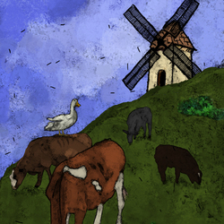 Пейзаж с коровами и мельницей