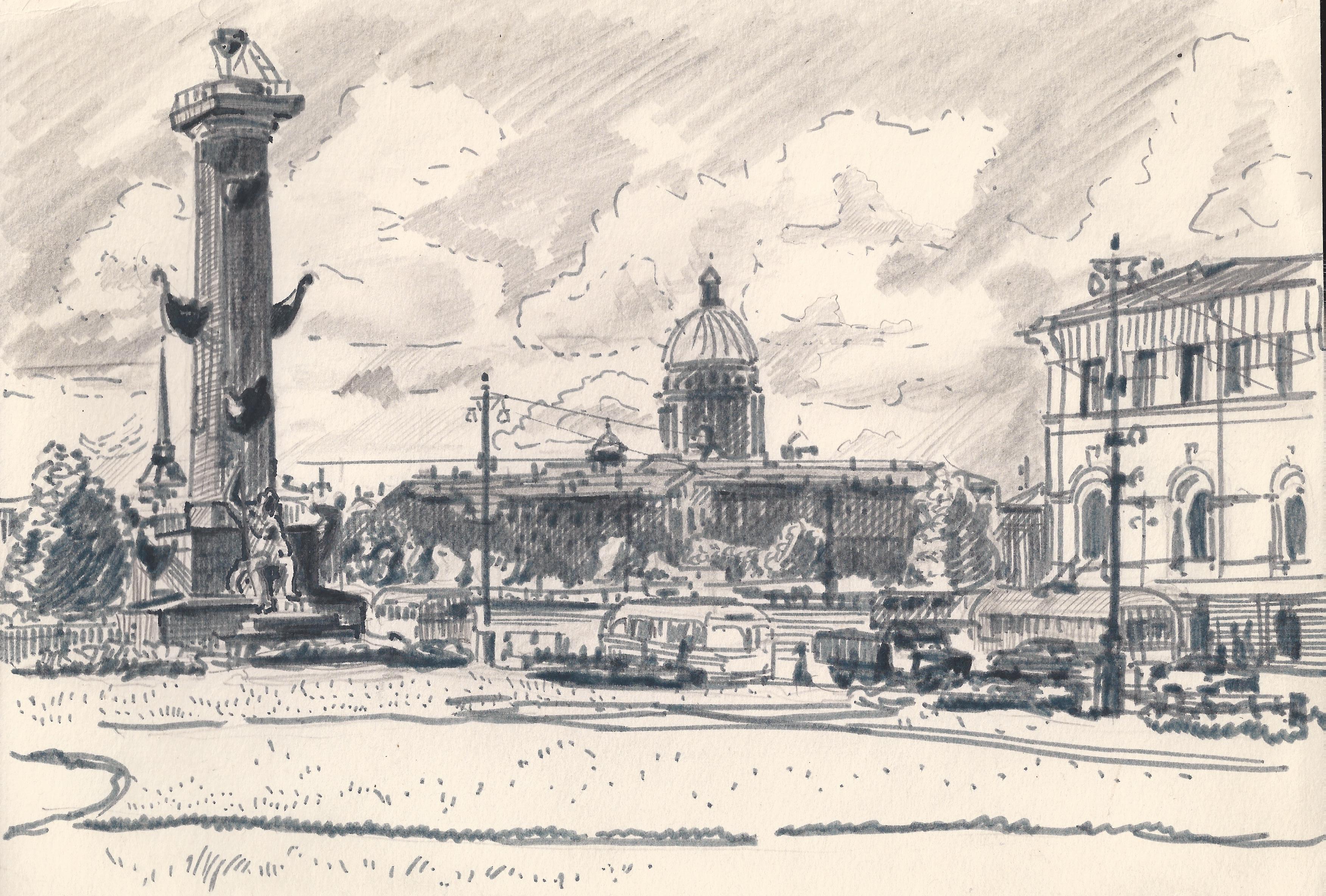 Ростральные колонны Санкт-Петербург рисунок карандашом