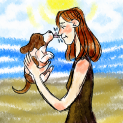 хозяйка с собачкой на пляже