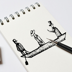 Графическая илюстрация в ретро стиле юные джентельмены и леди в лодке нарисованые черной гелевой ручкой