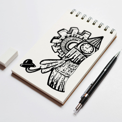 Концептуальная графическая илюстрация в виде буквы Я зонтик,шляпа,шестеренка и английский Биг-Бен  материал черноя гелевая ручка