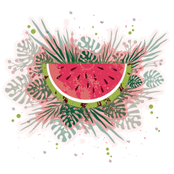illustration of a piece of watermelon. against a background of leaves of plants. the theme of summer and food.