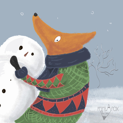 Лис лепит снеговика