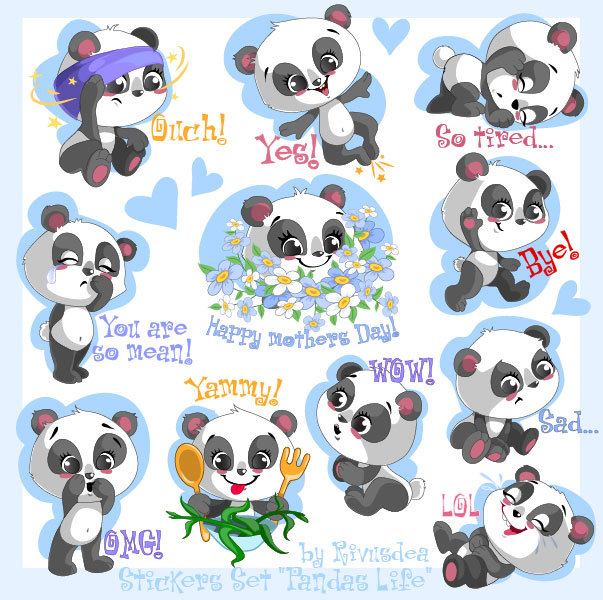 Сеты наклеек. Набор наклеек мишки панды. Стикерпак Панда. Наклейки в иллюстраторе. Sticker Set.