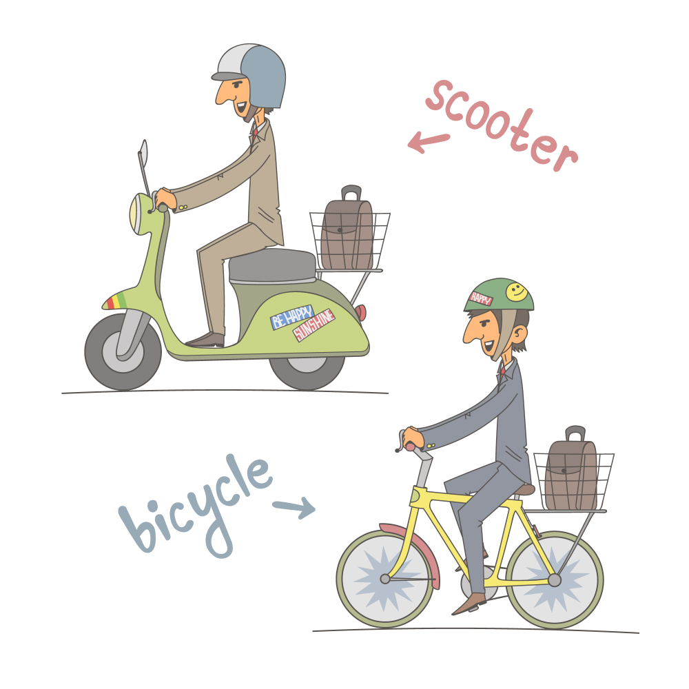 Иллюстрация мопед-велосипед в стиле детский, карикатура,