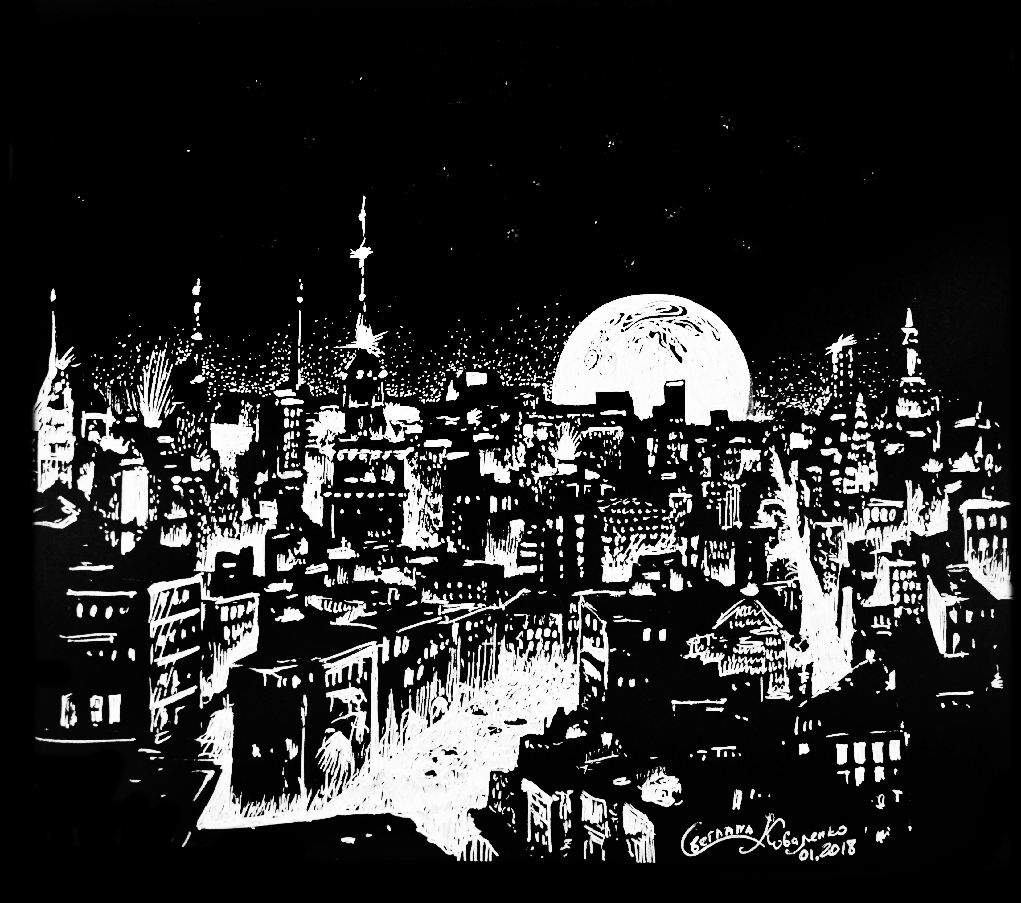 Ночной город рисунок точки