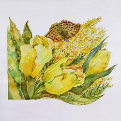 Солнечный, желтый -иллюстрация с желтыми цветами и бабочкой