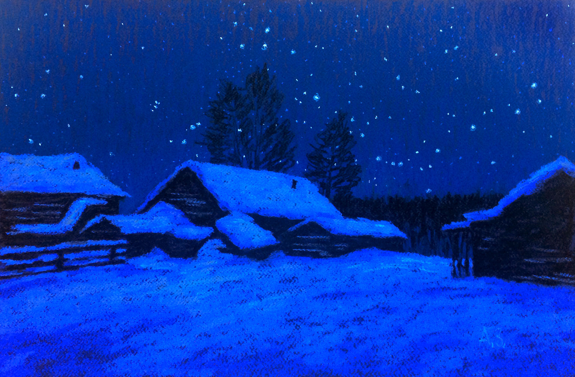 Стояла тихая морозная ночь. Живопись Зуев деревня.