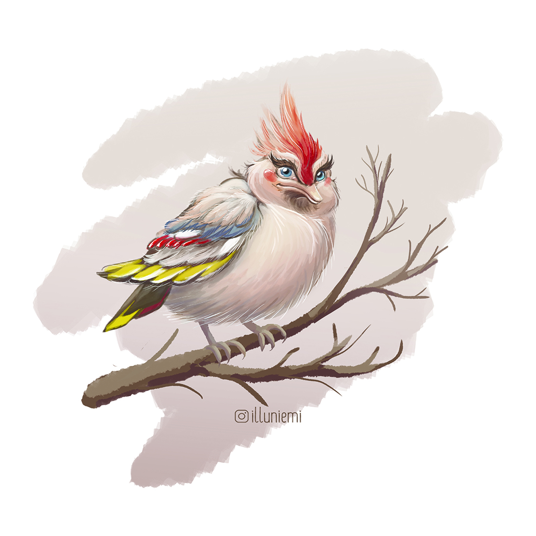 Иллюстрация Птичка на ветке, свиристель в стиле 2d, журнальный,