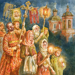 Крестный ход на Пасху. Иллюстрация к книге о Православных праздниках.