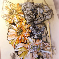 Эскиз тату Слон в герберах