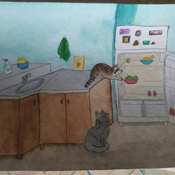 приключения серого котика и енотика на кухне