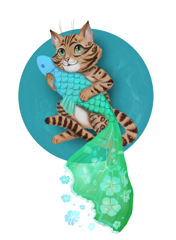 Иллюстрация Cat and dream fish в стиле 2d, cg, анимационный