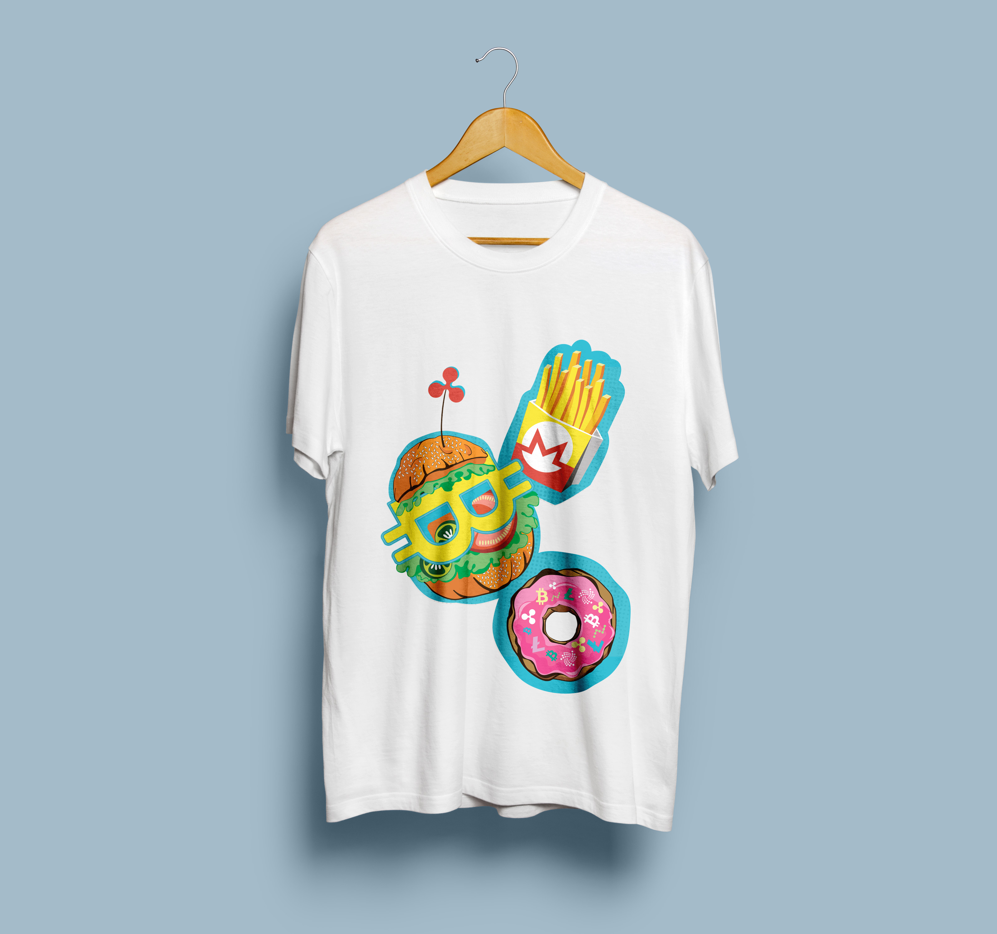 Иллюстрация Принт для криптовалюты с символикой фаст фуда в стиле