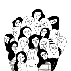 Чёрно-белая иллюстрация с женскими лицами. 