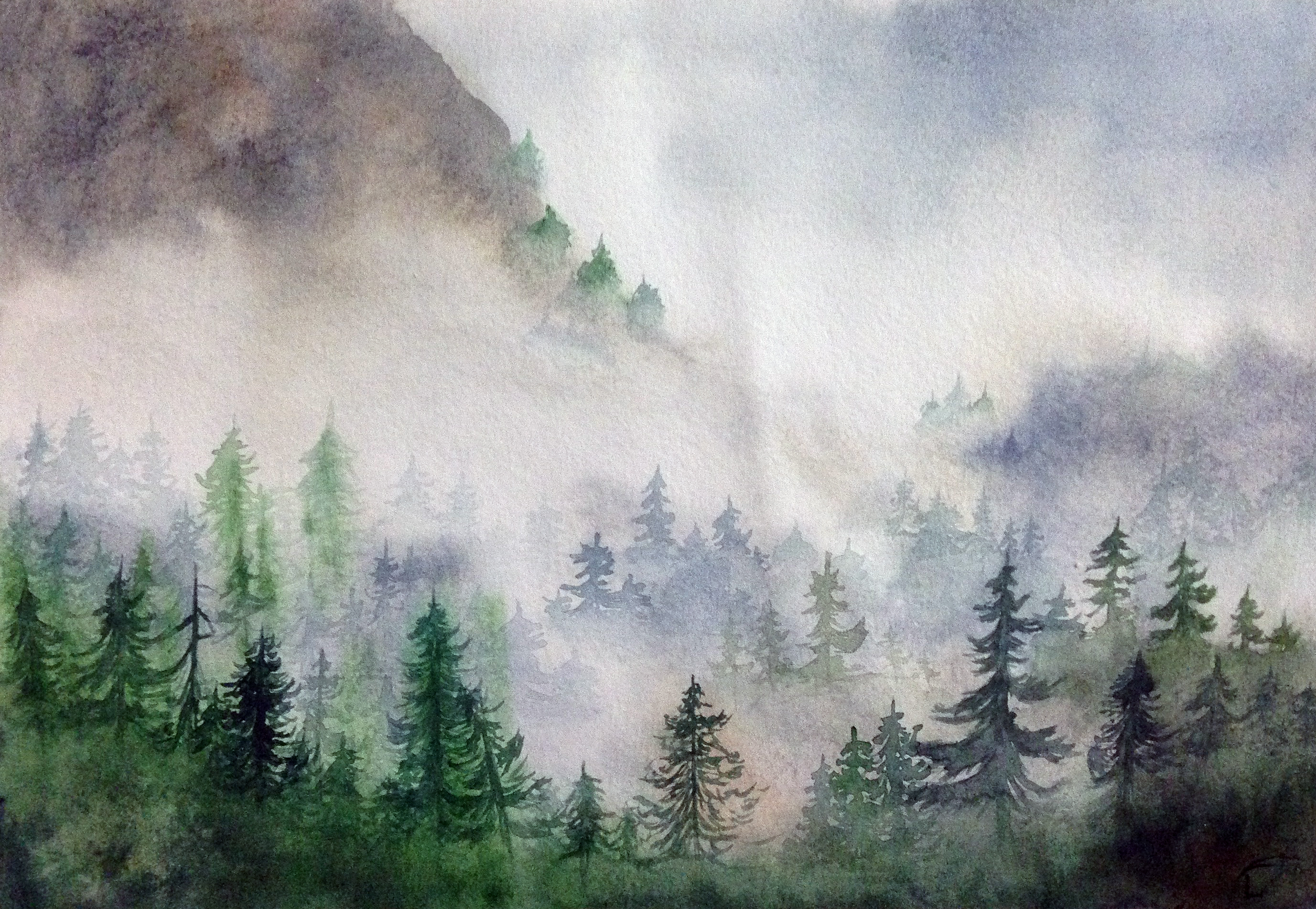 Лес в тумане маслом