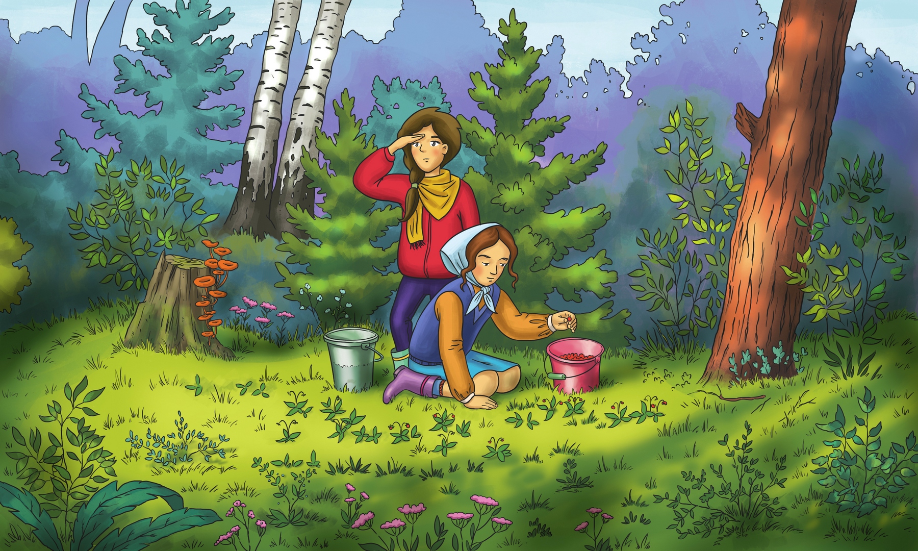 Сходить в лес. Дети собирают грибы в лесу. Дети собирают ягоды. Дети собирают грибы и ягоды в лесу. Человек в лесу рисунок.
