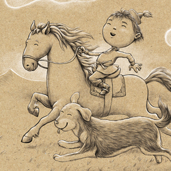 Мальчик на коне с собакой
